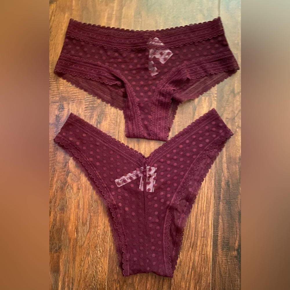 PINK Victoria's Secret Maroon Lace Polka Dot Panties, NWT